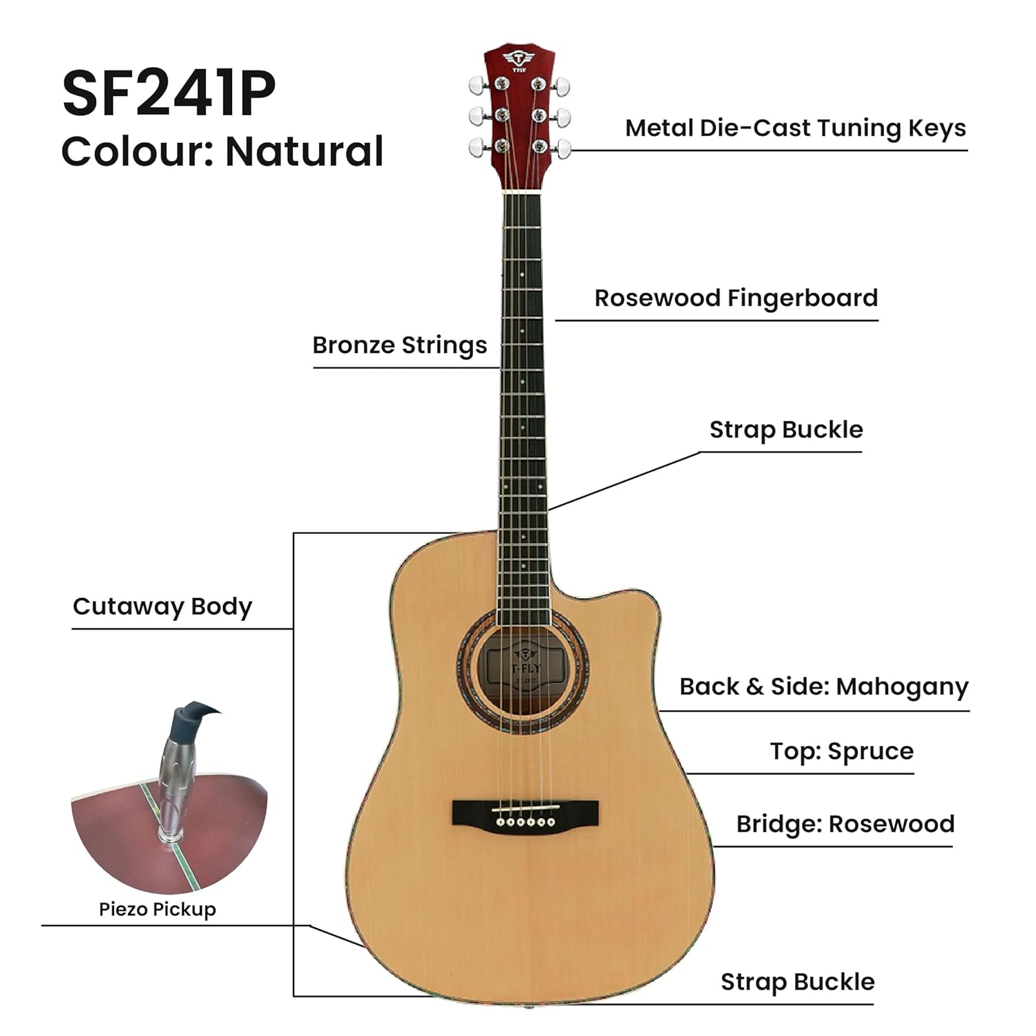 T Fly SF241P Semi-Acoustic Guitar, Natural Colour - Image 2