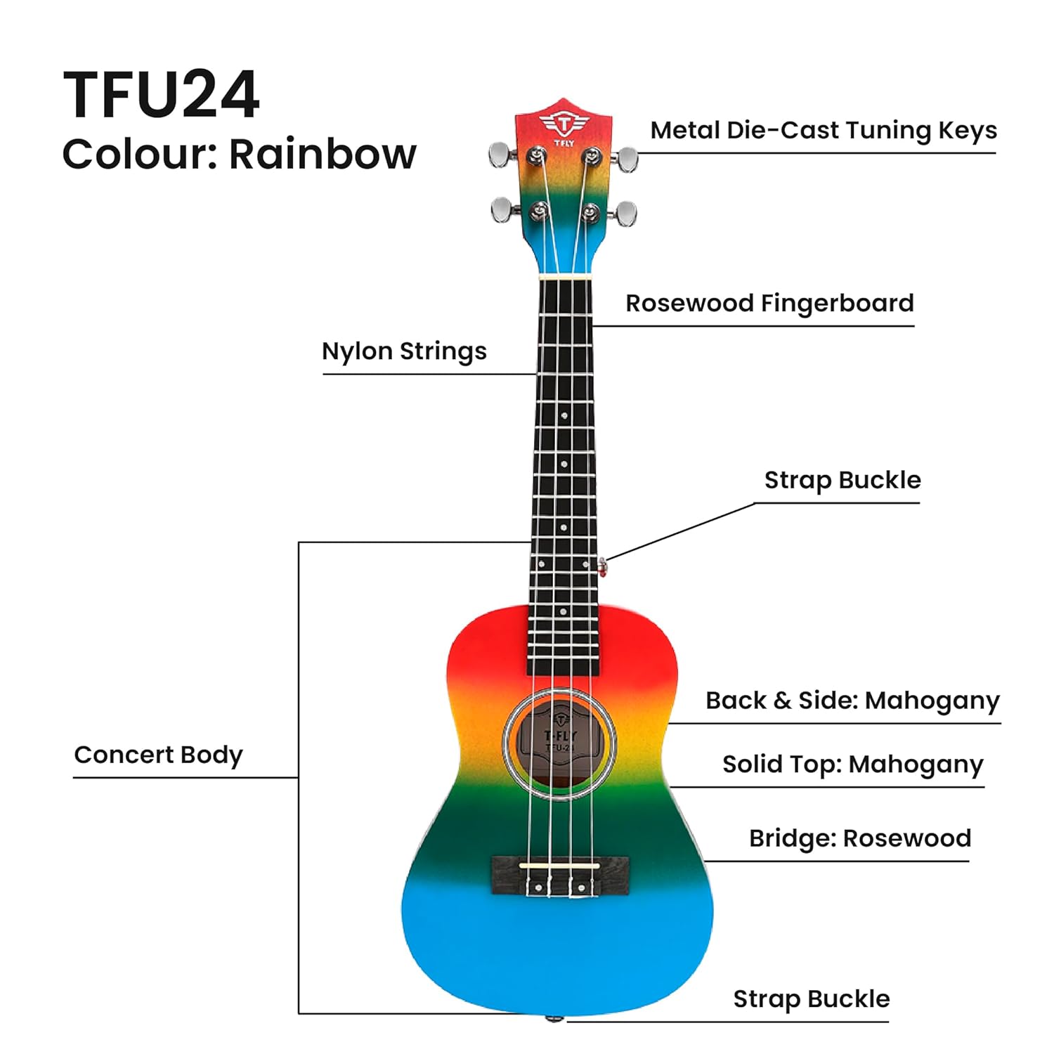 T Fly TFU 24 Concert Colourful Ukulele, Rainbow, 24-inch - Image 2